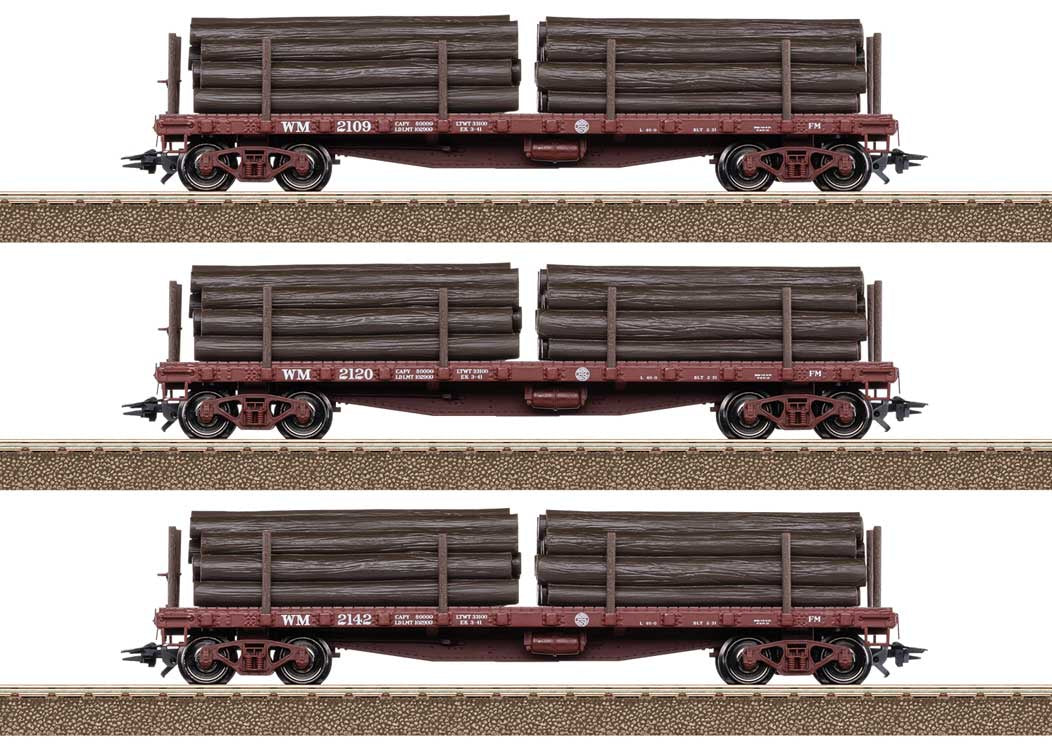 Trix HO 	40' Steel Flatcar with Log Load 3-Pack - Ready to Run -- Western Maryland #2106, 2115, 2128 (Boxcar Red)