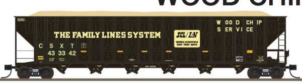 Trainworx N Greenville 7000-Cubic Foot Wood Chip Hopper - Ready to Run -- Family Lines CSXT #433398 (Patched, black, yellow logo, conspicuity stripes)