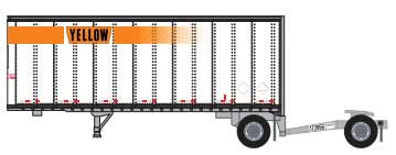 Trainworx N 28' Pup Van Trailer with Converter Dolly - Assembled -- Yellow #3 (white, Orange Stripe; Narrow Lettering Logo)