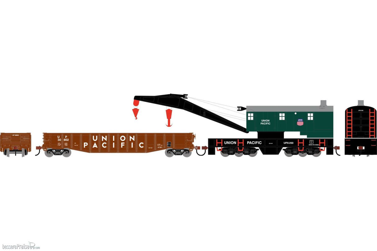 Athearn HO 200-Ton Crane and 50' Gondola Set, UPX #250 (Crane); Union Pacific (UP) #30802 (Gondola)