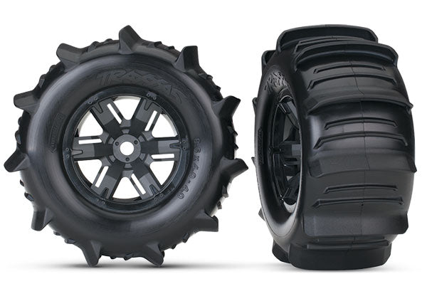 Traxxas 7773 Tires & Wheels, assembled, glued (X-Maxx black Wheels, paddle Tires, foam Inserts) (left & right) (2) - TRA7773