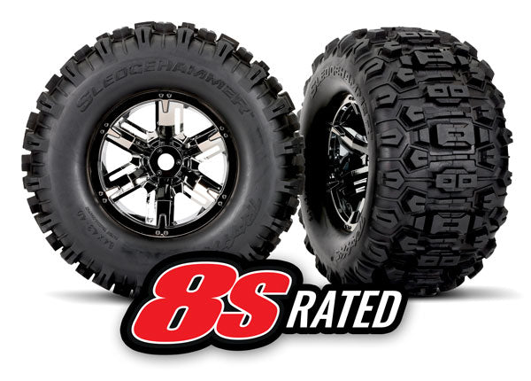 Traxxas 7774A Tires & Wheels, assembled, glued (X-Maxx black chrome Wheels, Sledgehammer Tires, foam Inserts) (left & right) (2) - TRA7774A