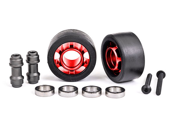 Traxxas 7775R Wheels, Wheelie bar, 6061-T6 aluminum (red-anodized) (2)/ axle, Wheelie bar, 6061-T6 aluminum (2)/ 10x15x4 ball bearings (4)