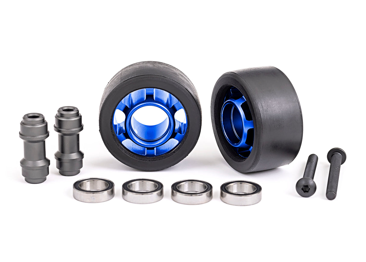 Traxxas 7775X Wheels, Wheelie bar, 6061-T6 aluminum (blue-anodized) (2)/ axle, Wheelie bar, 6061-T6 aluminum (2)/ 10x15x4 ball bearings (4)