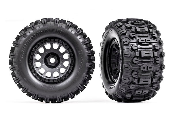 Traxxas 7876 Tires & Wheels, assembled, glued (XRT Race black Wheels, Sledgehammer Tires, foam Inserts) (left & right) - TRA7876