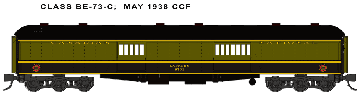 Wheels of Time N Scale Class BE-73-C 70' Baggage-Express w/Arched Roof 2-Pack - Ready to Run -- Canadian National #8733, 8738 (green, black, Maple Leaf Logo)