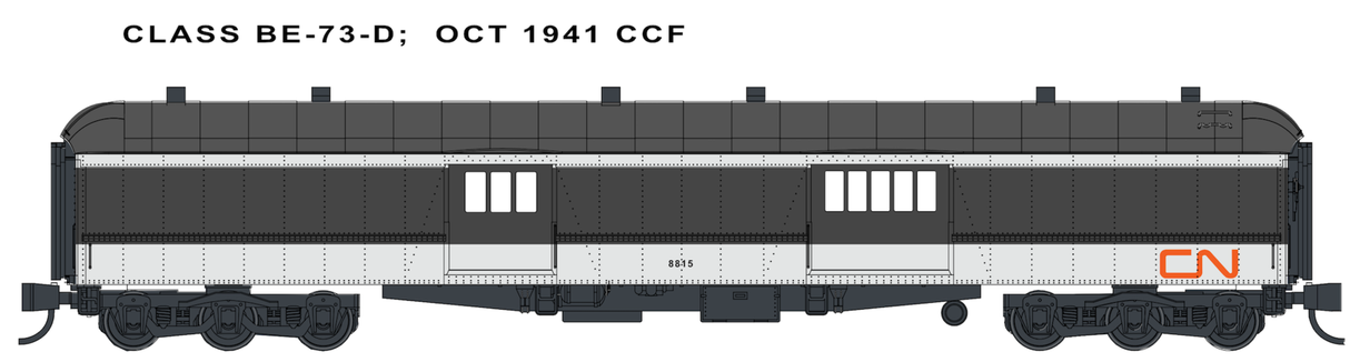 Wheels of Time N Scale Class BE-73-D 70' Baggage-Express w/Arched Roof 2-Pack - Ready to Run -- Canadian National #8821, 8827 (Post-1961 Scheme, black, white, Noodle Logo)
