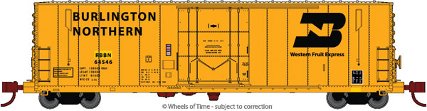 Wheels of Time PC&F 50' 70-Ton Insulated Plug-Door Boxcar w/10' Superior Door - Ready to Run -- Burlington Northern RBBN #64537 (yellow, black, Large BN/WFE Logo) - 805-61077
