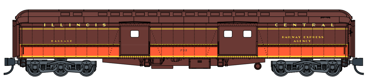 Wheels of Time N Scale Heavyweight 74-ft baggage-express cars - Illionis Central (IC) #771 arched; "Mag Loading" & #792 clerestory, 2-Pack