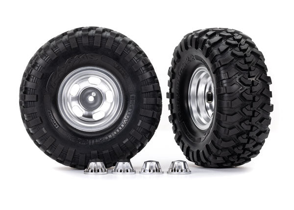 Traxxas 8159 Tires & Wheels, assembled, glued (2.2' satin chrome Wheels, Canyon Trail 5.3 x 2.2' Tires) (2)/ center caps (Front (2), Rear (2)) (requires #8255A extended thread stub axle)