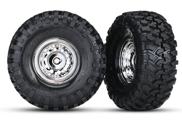 Traxxas 8177 Tires and Wheels, assembled, glued (1.9' chrome Wheels, Canyon Trail 4.6x1.9” Tires) (2)/ center caps (2)/ Decal Sheet (requires #8255A extended stub axle) - TRA8177