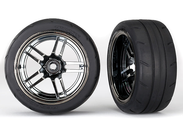 Traxxas 8374 Tires and Wheels, assembled, glued (split-spoke black chrome Wheels, 1.9' Response Tires) (extra wide, Rear) (2) - TRA8374