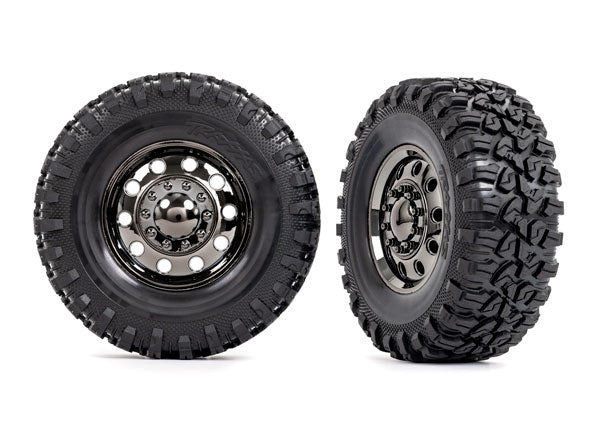 Traxxas 8854 Tires & Wheels, assembled, glued (TRX-6 Big Rig 2.2' black chrome Wheels, Canyon RT 4.6x2.2' Tires, foam Inserts) (Front) (2)/ center caps (black chrome) (2)