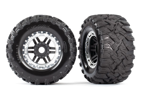 Traxxas 8972X Tires & Wheels, assembled, glued (black, satin chrome beadlock style Wheels, Maxx MT Tires, foam Inserts) (2) (17mm splined) (TSM Rated) - TRA8972X