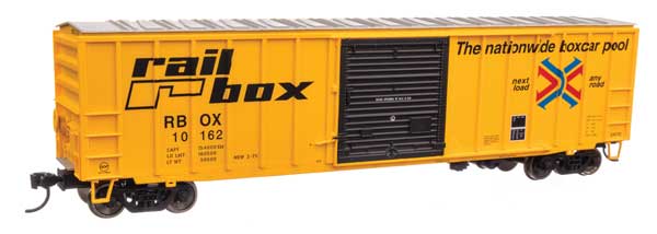 50' ACF Exterior Post Boxcar - Ready to Run -- Railbox RBOX #10162 (yellow, black, red, blue)