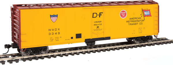 Walthers Mainline PC&F 50' Insulated Boxcar - Ready to Run -- American Refrigerator Transit(TM) 3349 (yellow, Boxcar Red, MP(TM), WAB Logo - 910-2829