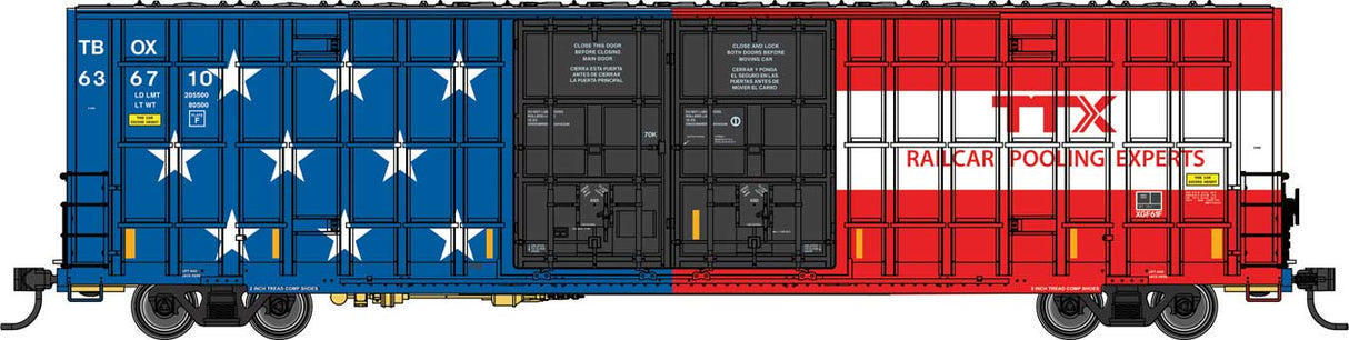 WalthersMainline HO 60' High Cube Plate F Horizontal Post Boxcar - Ready to Run -- TTX #636710 (America 250th Anniversary)