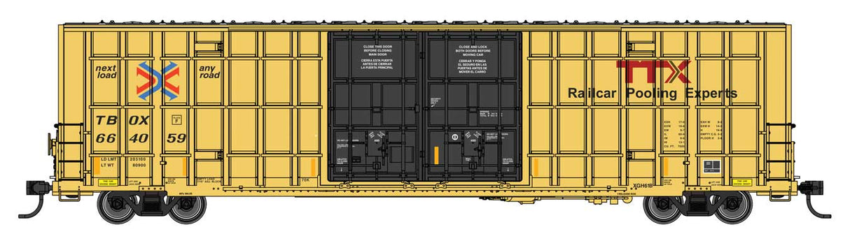 WalthersMainline HO 60' High Cube Plate F Horizontal Post Boxcar - Ready to Run -- TTX TBOX #664059 (yellow, black, Standard Lettering)