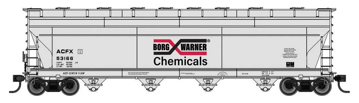 WalthersMainline HO ACF 5250 4-Bay Centerflow Covered Hopper - Ready to Run – Borg Warner ACFX #53166