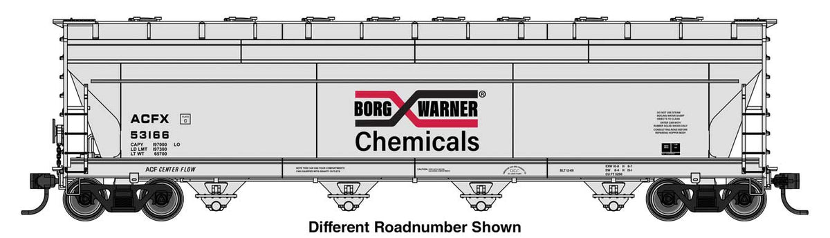 WalthersMainline HO ACF 5250 4-Bay Centerflow Covered Hopper - Ready to Run – Borg Warner ACFX #53669