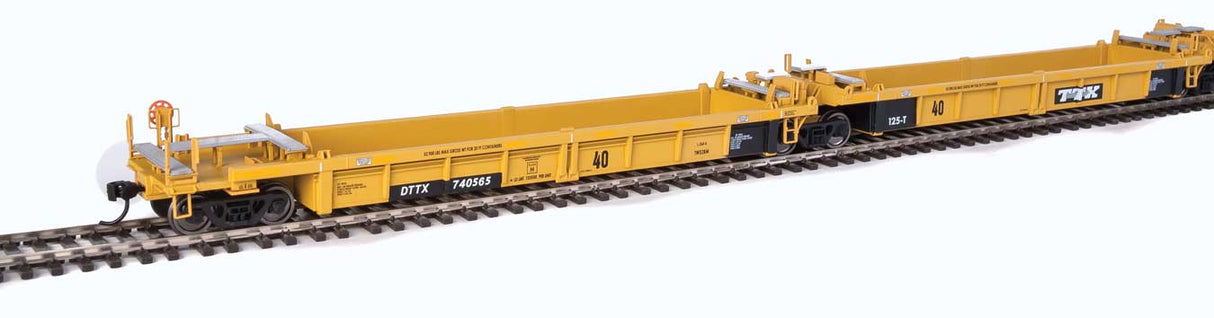Walthers Mainline Thrall 5-Unit Rebuilt 40' Well Car - Ready to Run -- TTX DTTX #740565 A-E (yellow, black, yellow conspicuity stripes) - 910-55624