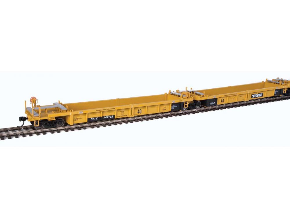 Walthers Mainline Thrall 5-Unit Rebuilt 40' Well Car - Ready to Run -- TTX DTTX #741128 A-E (yellow, black, yellow conspicuity stripes) - 910-55626