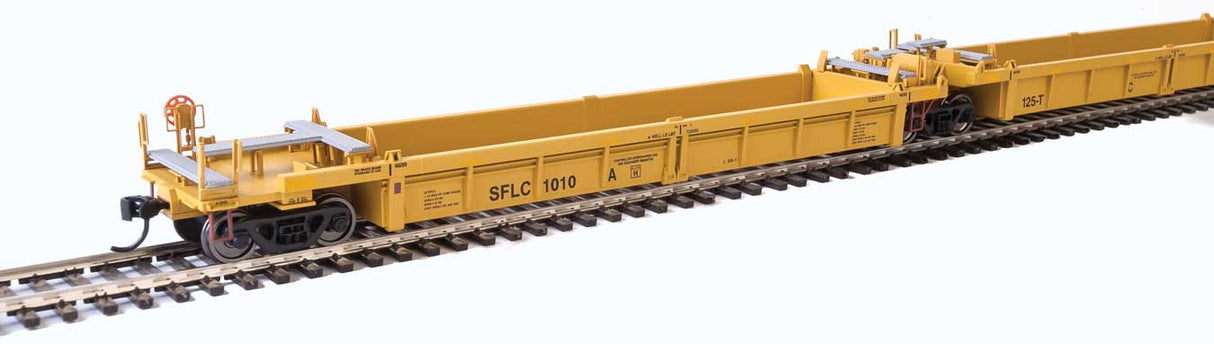 Walthers Mainline Thrall 5-Unit Rebuilt 40' Well Car - Ready to Run -- Santa Fe Leasing SFLC #1010 A-E (yellow, black, yellow conspicuity stripes) - 910-55636