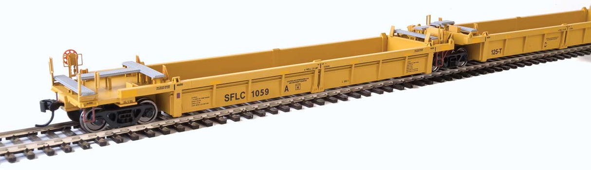 Walthers Mainline Thrall 5-Unit Rebuilt 40' Well Car - Ready to Run -- Santa Fe Leasing SFLC #1059 A-E (yellow, black, yellow conspicuity stripes) - 910-55639