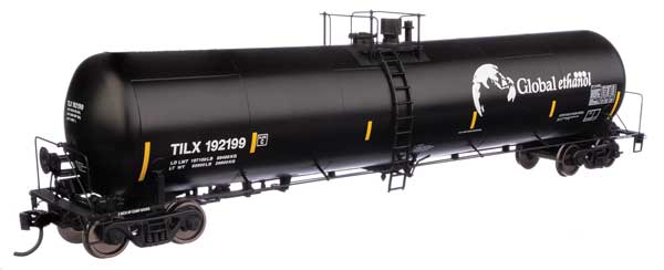 WalthersProto HO 55' Trinity 30,145-Gallon Tank Car - Ready to Run -- Global Ethanol TILX #192199 (black, white, yellow conspicuity marks)
