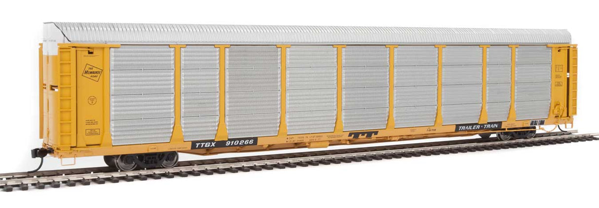 WalthersProto 89' Thrall Bi-Level Auto Carrier - Ready To Run -- Milwaukee Road Rack, TTGX Flatcar #910266 (yellow, silver; yellow Flat) - 920-101341