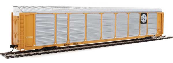 WalthersProto 89' Thrall Enclosed Tri-Level Auto Carrier - Ready to Run -- Burlington Northern Santa Fe Rack and Flat #303057 (yellow, Circle-Cross Log - 920-101413