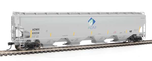 WalthersProto 67' Trinity 6351 4-Bay Covered Hopper - Ready to Run -- Archer-Daniels-Midland #63224 (gray, Leaf Logo, Yellow Conspicuity Stripes) - 920-105839