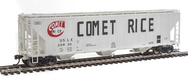 WalthersProto 55' Evans 4780 Cubic Foot 3-Bay Covered Hopper - Ready To Run -- Comet Rice USLX #20920 (white, black, red) - 920-106128
