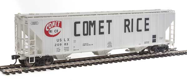 WalthersProto 55' Evans 4780 Cubic Foot 3-Bay Covered Hopper - Ready To Run -- Comet Rice USLX #20983 (white, black, red) - 920-106129
