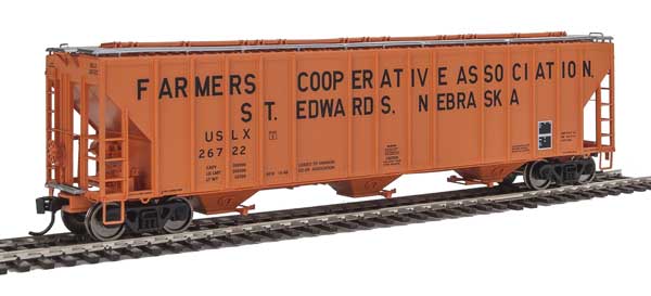 WalthersProto 55' Evans 4780 Covered Hopper - Ready To Run -- Famers Co-op Association USLX #26722 (St Edwards, Nebraska; orange, black) - 920-106159