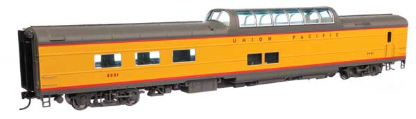 WalthersProto 85' American Car & Foundry Dome Diner -- Union Pacific  #8001 (yellow, red, gray trucks)