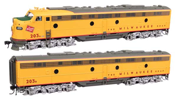 WalthersProto EMD E9A - E9B - LokSound 5 Sound & DCC - City of San Francisco -- Milwaukee Road #203A, 203B (yellow, gray red)