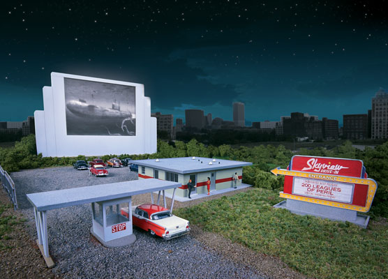 Walthers Cornerstone Skyview Drive-In Theater -- Kit - Screen Holds Most 7" Tablets (7-7/8 x 5-5/16 x 9/32 to 15/32") - 933-3478