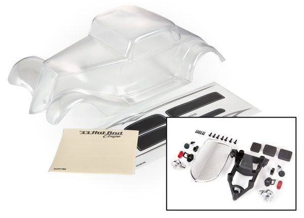 Traxxas 9333 Body, Factory Five '33 Hot Rod Coupe (Clear, requires painting)/ foam pads (Front & Rear)/ Decal Sheet (includes Front grille, side mirrors, headlights, tail lights, Mounting Hardware) - TRA9333