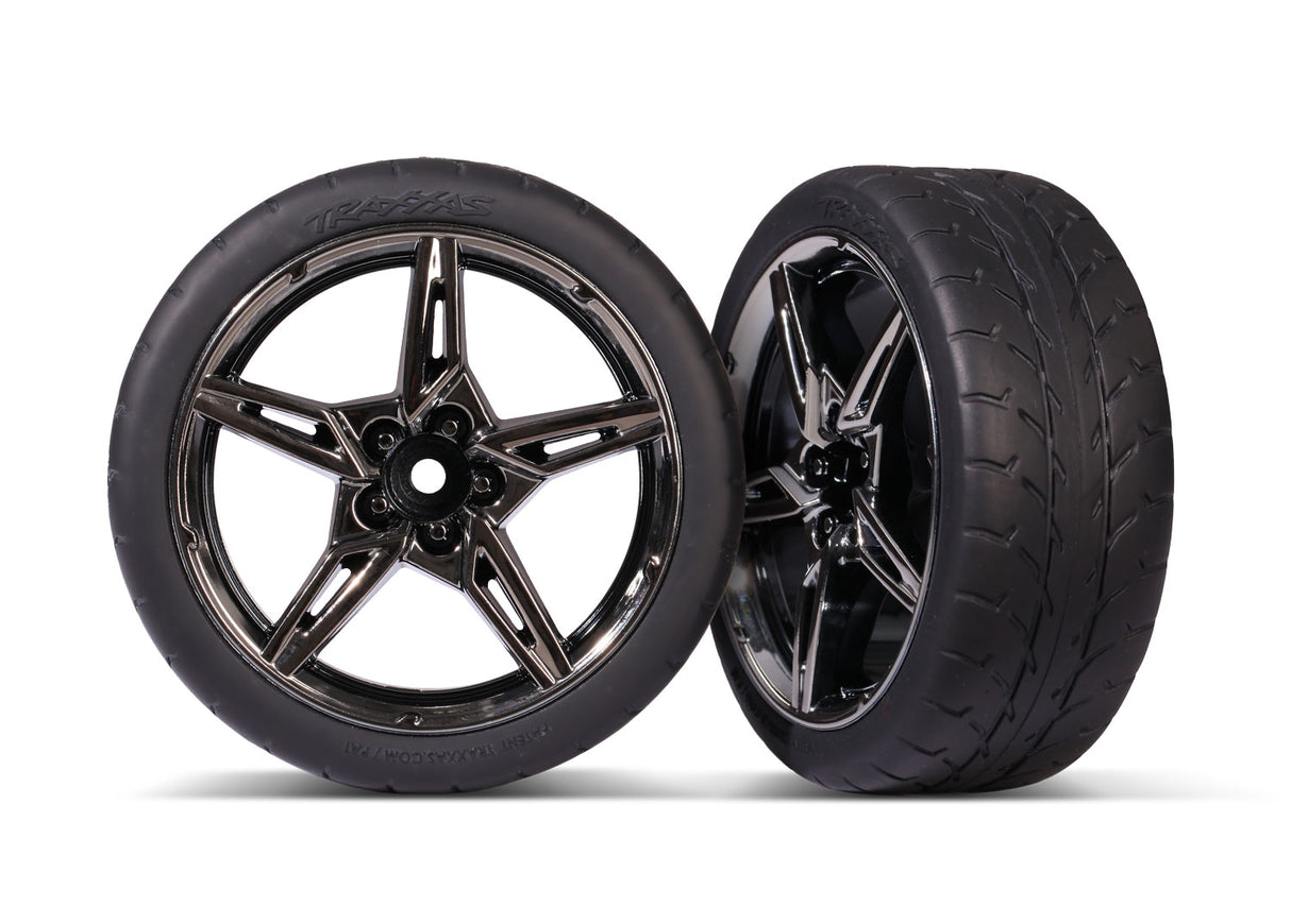 Traxxas 9370 Tires and Wheels, assembled, glued (split-spoke black chrome Wheels, 2.1' Response Tires) (Front) (2) - TRA9370
