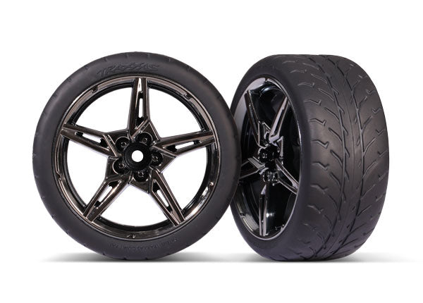 Traxxas 9371 Tires and Wheels, assembled, glued (split-spoke black chrome Wheels, 2.1' Response Tires) (extra wide, Rear) (2) - TRA9371