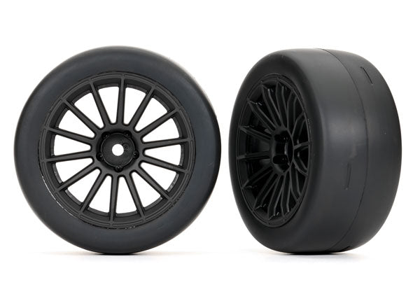 Traxxas 9374 Tires and Wheels, assembled, glued (multi-spoke black Wheels, 2.0' slick Tires, foam Inserts) (Front) (2) - TRA9374