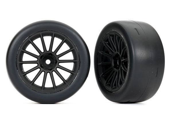 Traxxas 9375 Tires and Wheels, assembled, glued (multi-spoke black Wheels, 2.0' ultra-wide slick Tires foam Inserts) (Rear) (2) - TRA9375