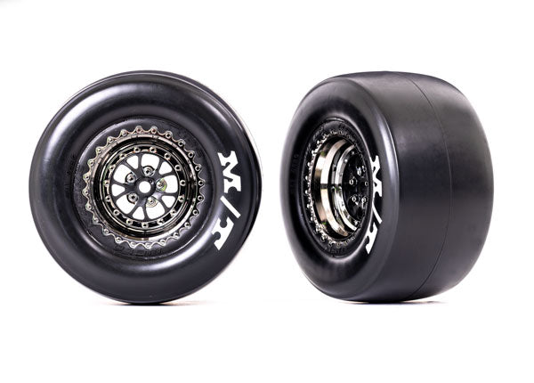 Traxxas 9476X Tires & Wheels, assembled, glued (Weld black chrome Wheels, Mickey Thompson ET Drag Slicks, sticky compound, foam Inserts) (Rear) (2) - TRA9476X