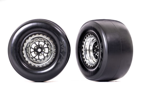 Traxxas 9477R Tires & Wheels, assembled, glued (Weld chrome with black Wheels, smoke Tires, foam Inserts) (Rear) (2) - TRA9477R