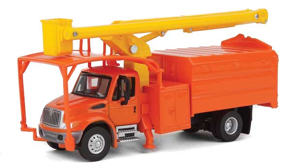 Walthers SceneMaster International(R) 4300 2-Axle Truck with Tree Trimmer Body - Assembled -- Orange Cab and Body, Yellow Boom - 949-11744