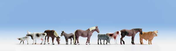Walthers SceneMaster HO Large Farm Animals -- 9 Assorted Horses and Cattle