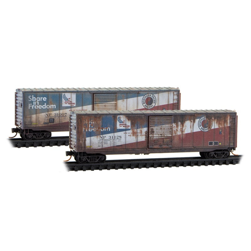 Micro-Trains by Atlas 983 105 109 N-Scale Weathered 50' Single Door Boxcar w/o Roofwalk (2-Pack) "Share in Freedom" - Burlington Northern (BN) ex-NP #31007, 31128