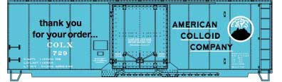Accurail AAR 40' Insulated Plug-Door Boxcar - Kit -- American Colloid Co. COLX (blue, white; Volcano Logo, "Thank You..." Slogan) - ACU81412
