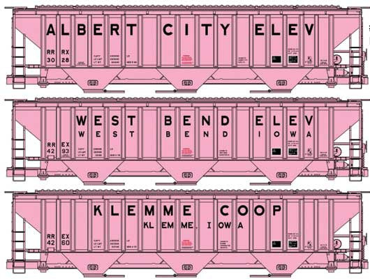 Accurail HO Pullman-Standard 4750 3-Bay Covered Hopper 3-Pack - Kit -- Co-Op 1 Each: Albert City, West Bend, Klemme, IA (pink, black) Pullman-Standard 4750 3-Bay Covered Hopper 3-Pack - Kit -- Co-Op 1 Each: Albert City, West Bend, Klemme, IA (pink, black)